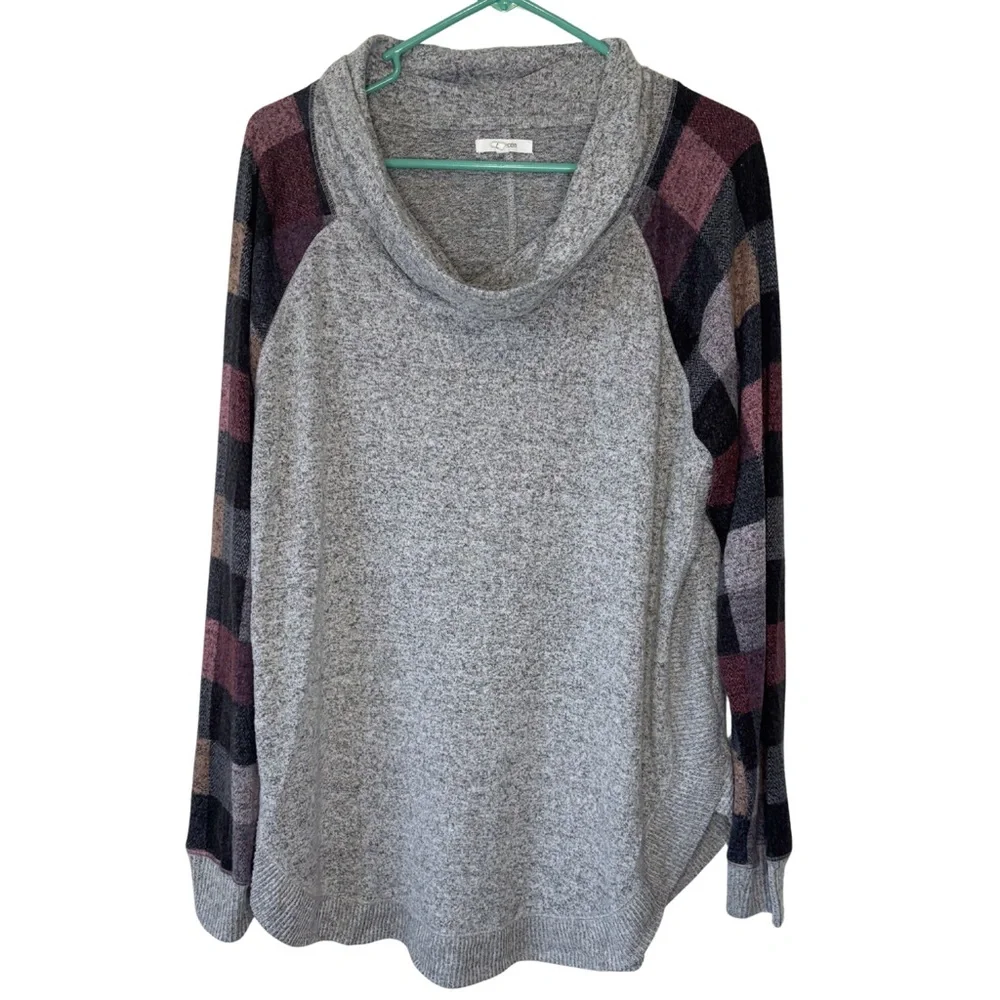 3/$20 Maurices Heather Gray Cowl Neck Knit Top with Checkered Sleeves - Picture 1 of 5